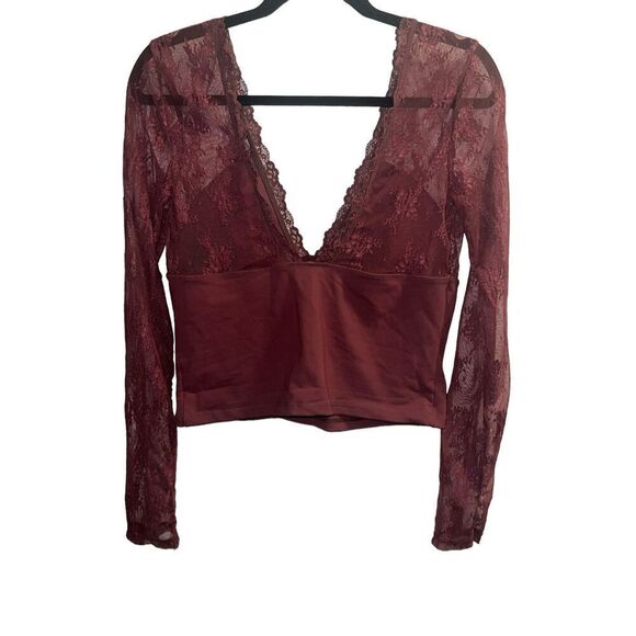 ✨Free People Intimately Long Sleeve Lace Sz Large Maroon Top✨ - Picture 6 of 9